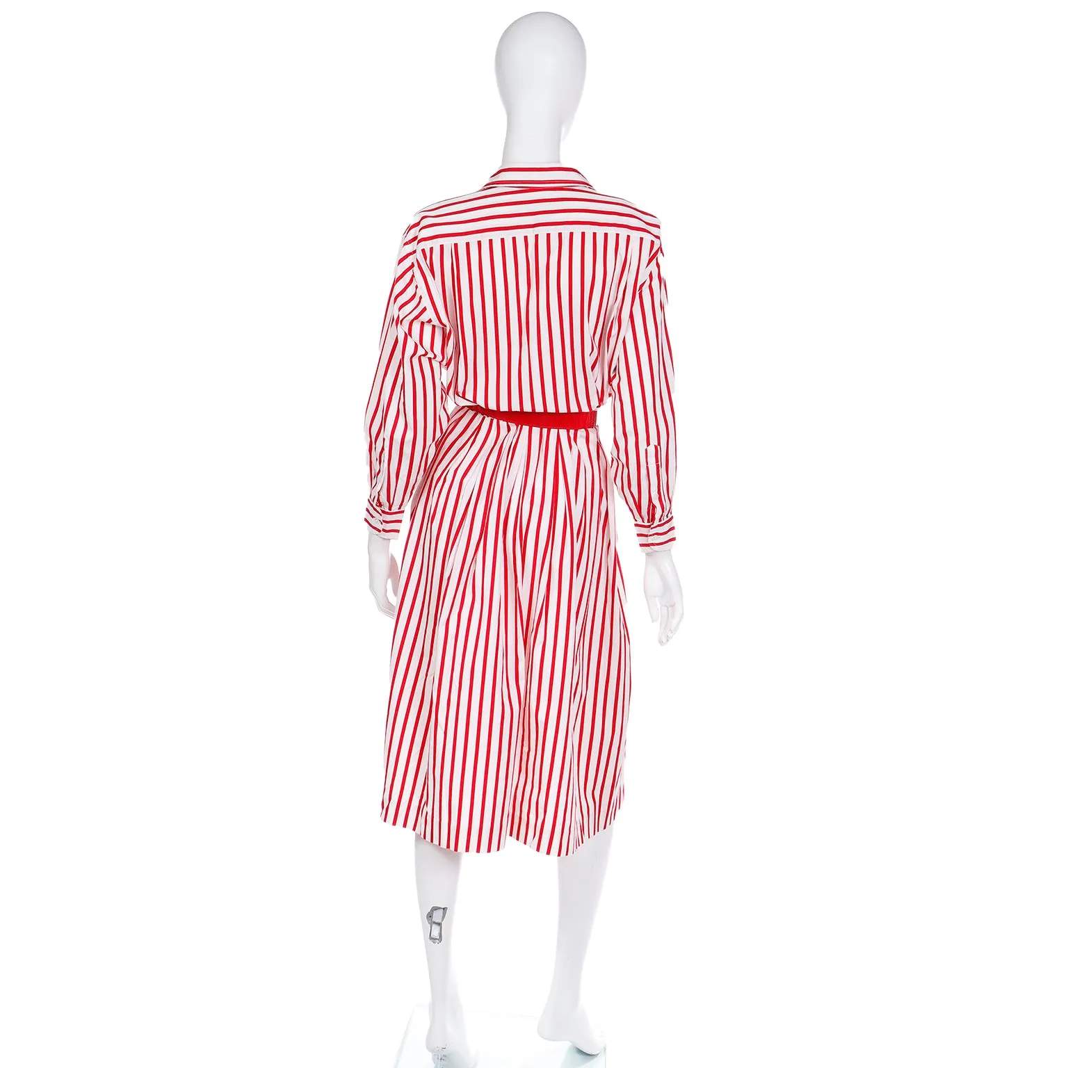 1980s Ralph Lauren Red & White Striped Shirtdress Cotton Day Dress