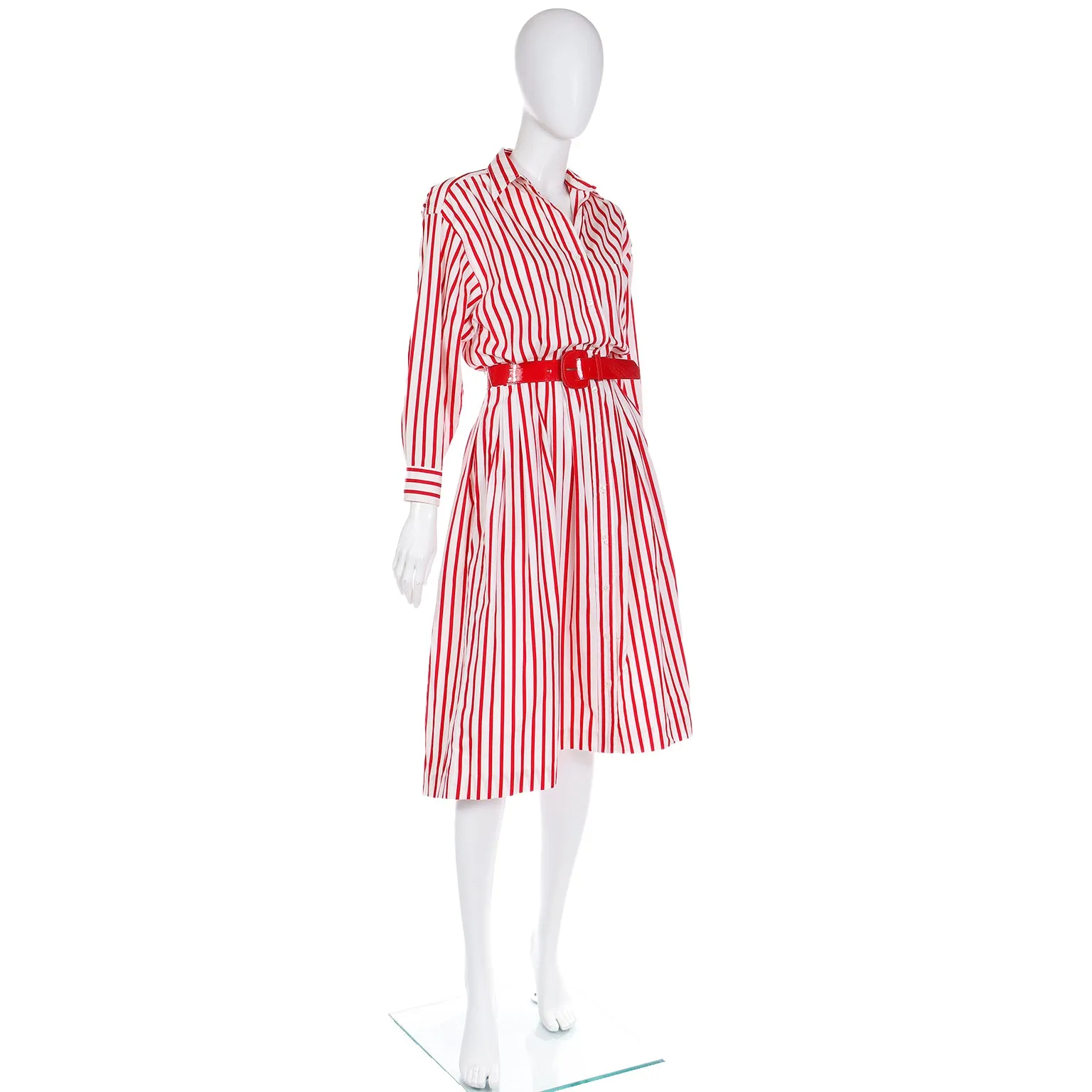 1980s Ralph Lauren Red & White Striped Shirtdress Cotton Day Dress