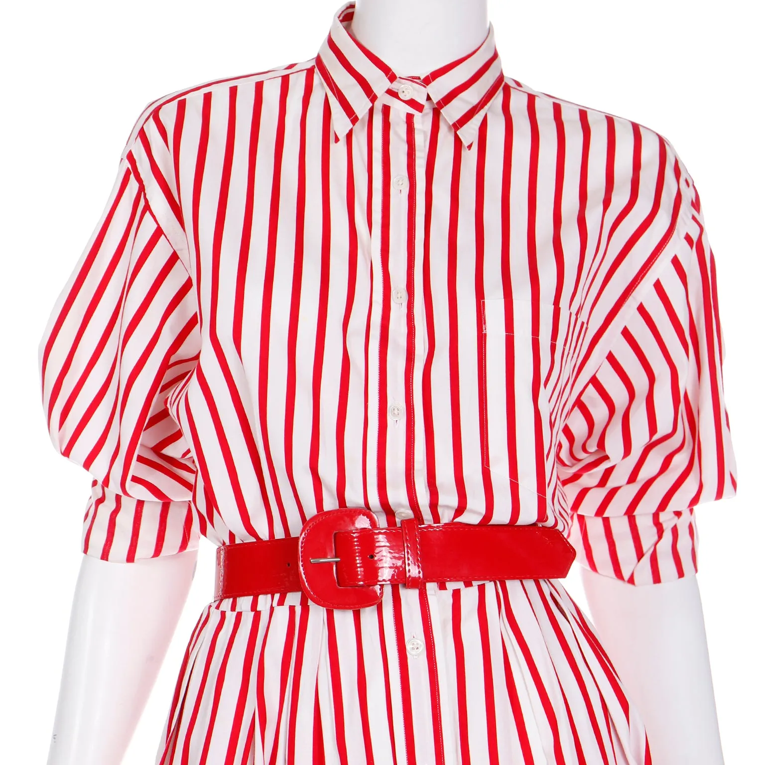 1980s Ralph Lauren Red & White Striped Shirtdress Cotton Day Dress