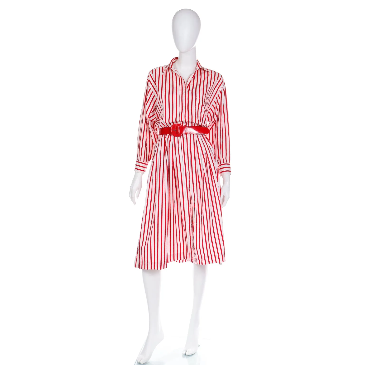 1980s Ralph Lauren Red & White Striped Shirtdress Cotton Day Dress