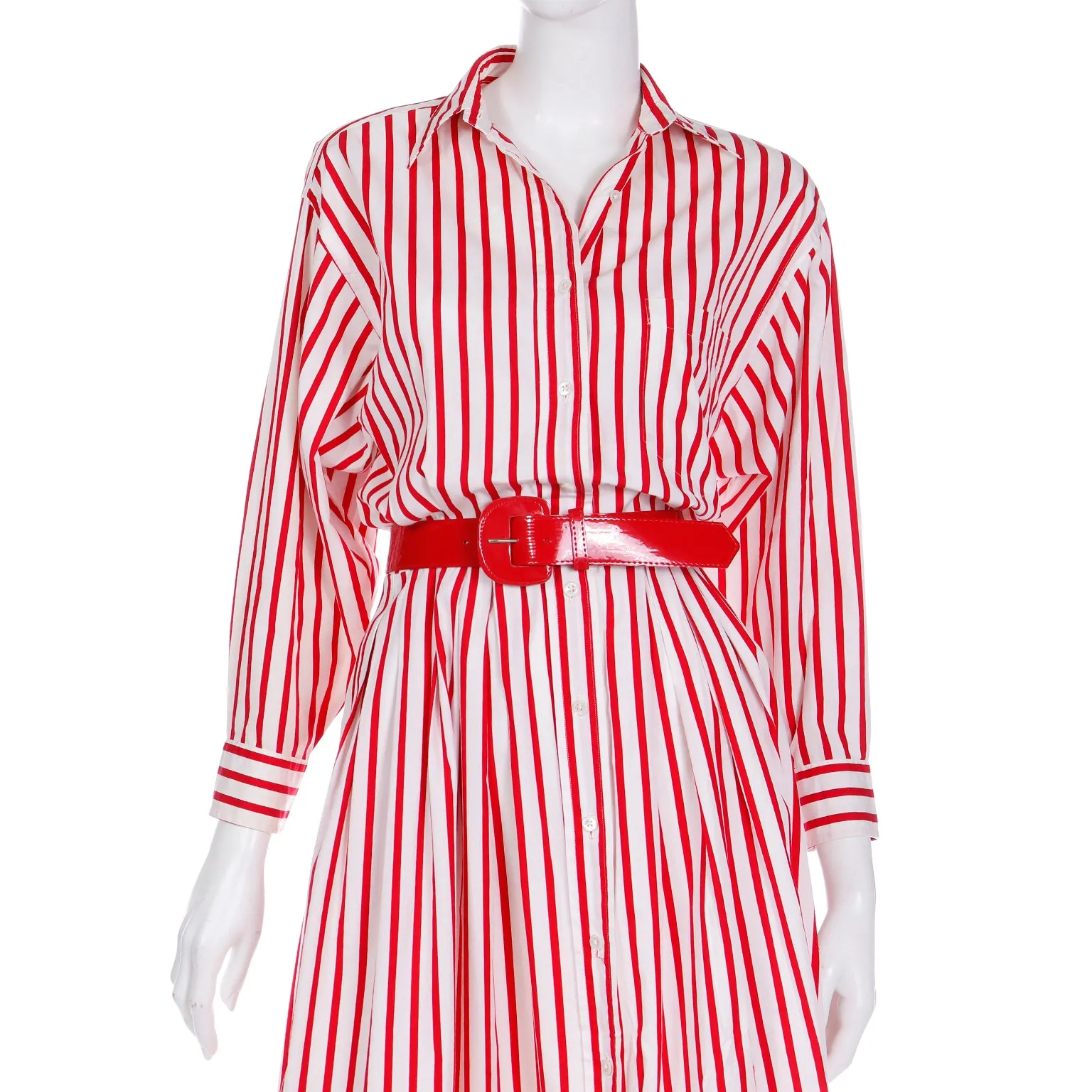 1980s Ralph Lauren Red & White Striped Shirtdress Cotton Day Dress