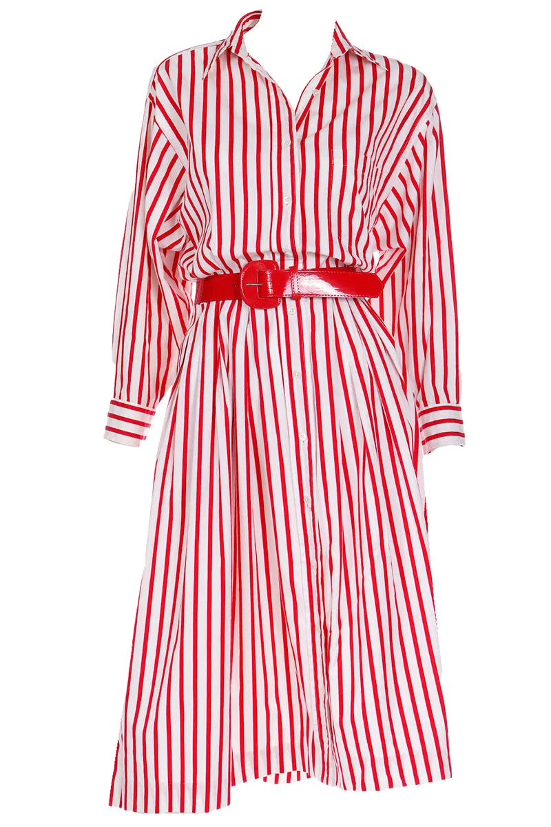 1980s Ralph Lauren Red & White Striped Shirtdress Cotton Day Dress