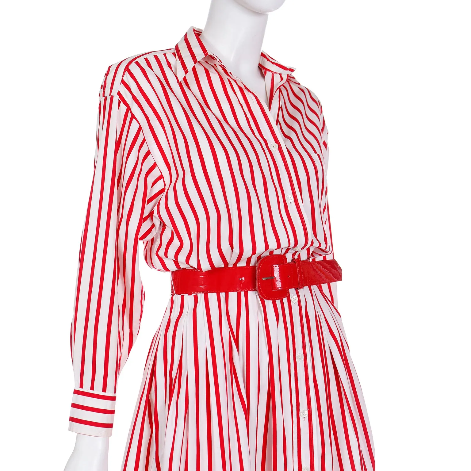 1980s Ralph Lauren Red & White Striped Shirtdress Cotton Day Dress