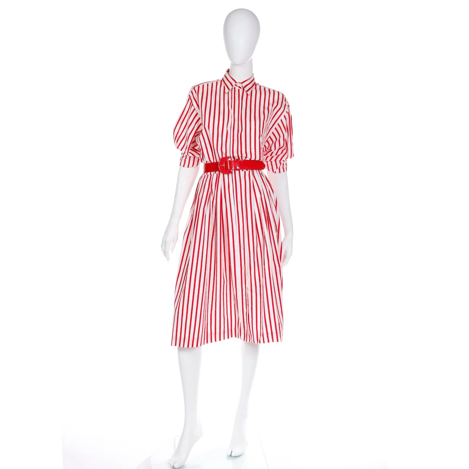 1980s Ralph Lauren Red & White Striped Shirtdress Cotton Day Dress