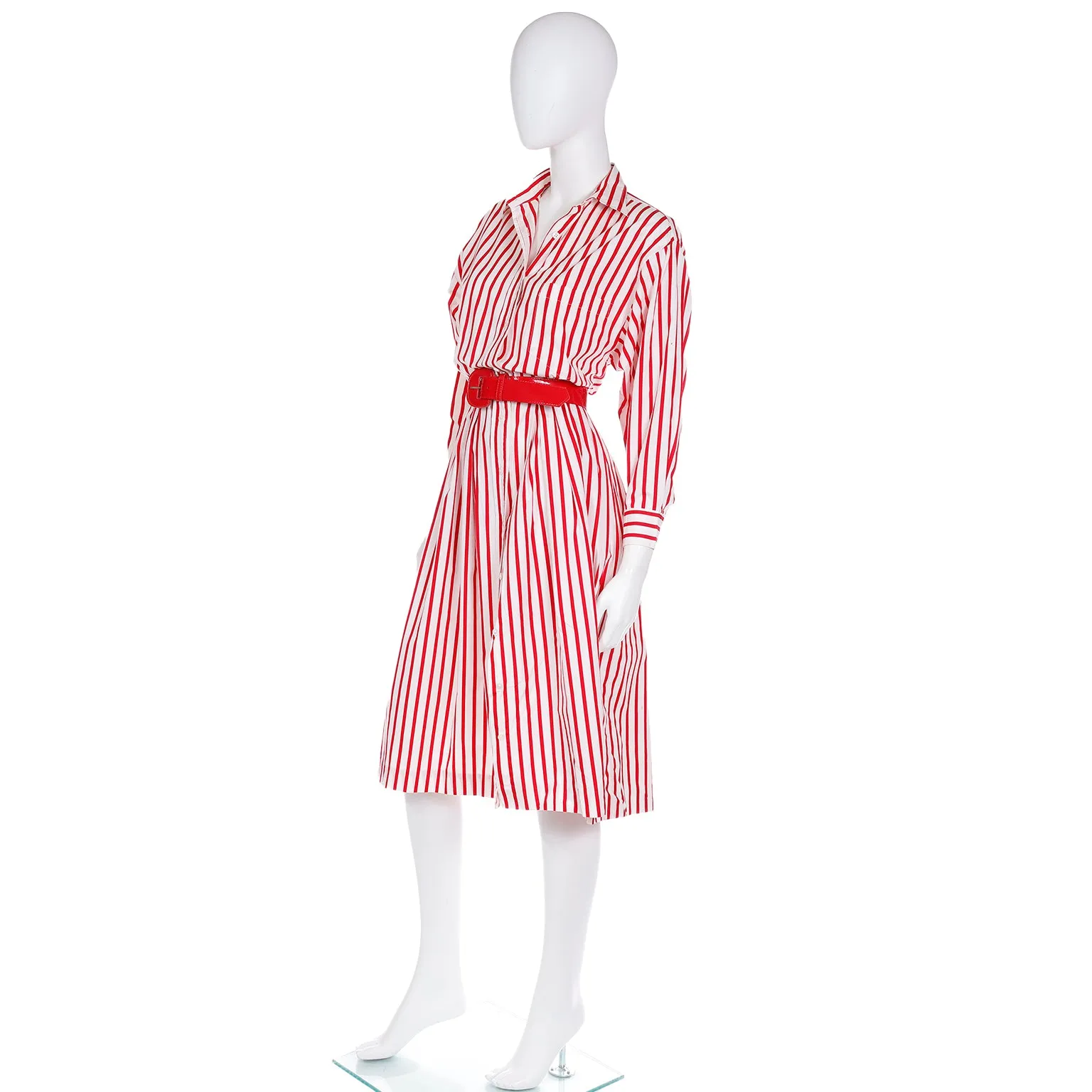 1980s Ralph Lauren Red & White Striped Shirtdress Cotton Day Dress