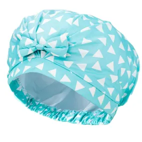 Auban Shower Cap Reusable,Ribbon Bow Bath Cap Oversized Large Design with Waterproof Exterior for All Hair Lengths,Great for Girls Spa Home Use,Hotel and Hair Salon (Blue Triangle)