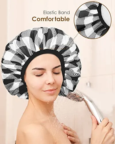 Auban Shower Cap, Shower Cap for Women Terry Cloth Lined EVA Exterior Reusable Double Layer Waterproof, Large Bath Hair Cap, Hotel Travel Essentials Accessories Cleaning Supplies (Checked)