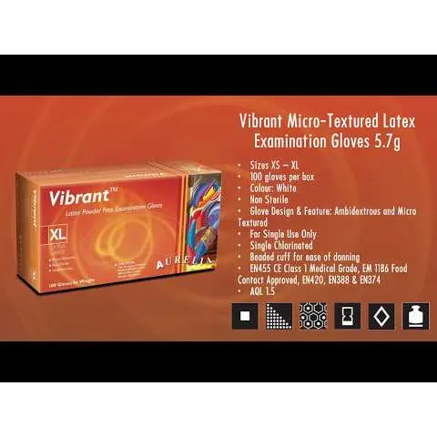 Aurelia Vibrant 100 Micro Textured Latex Examination Gloves 5.7g - Powder-Free - Large (100)