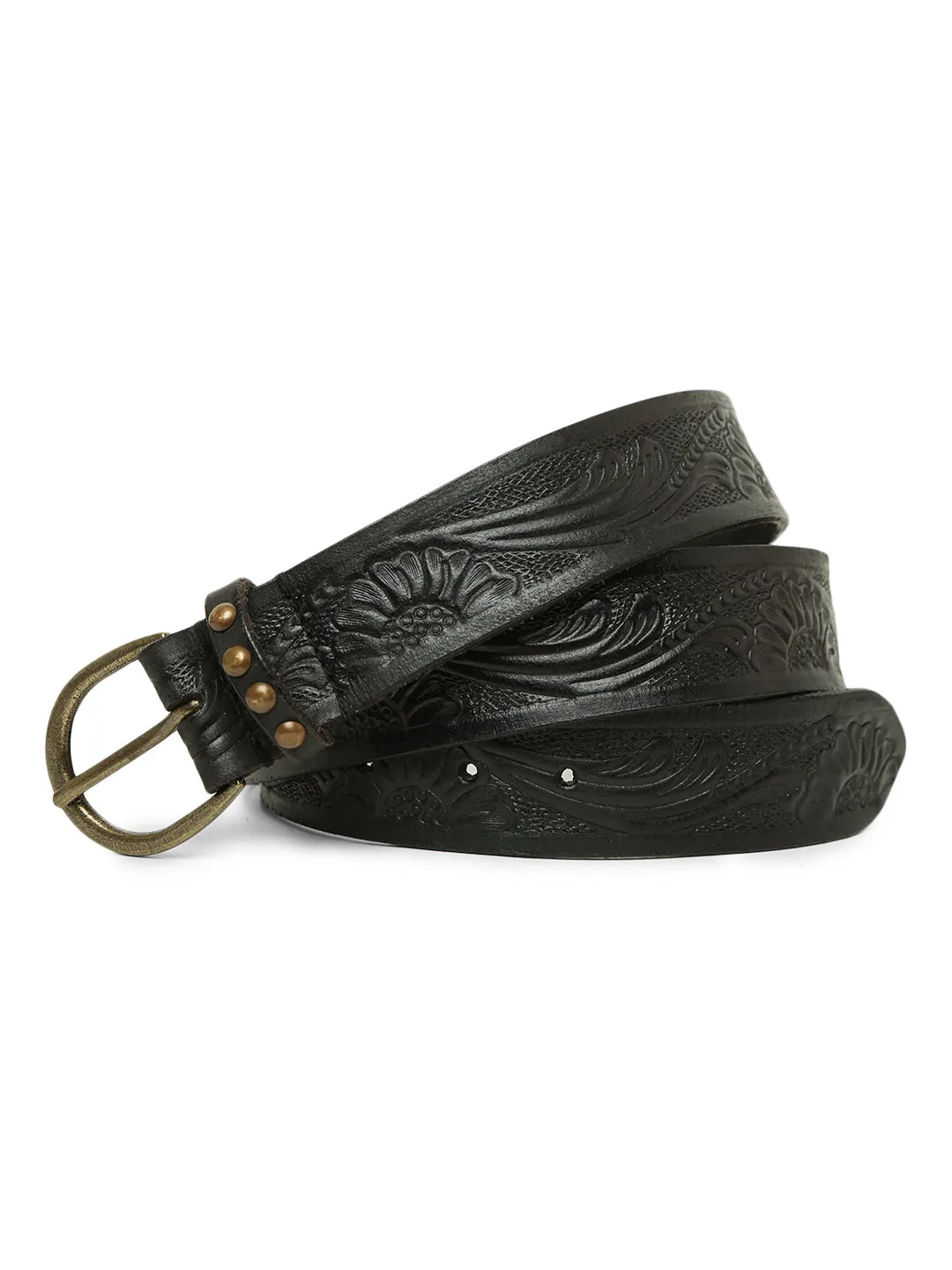 Black Hand-tooled Design Leather Belt By Art N Vintage