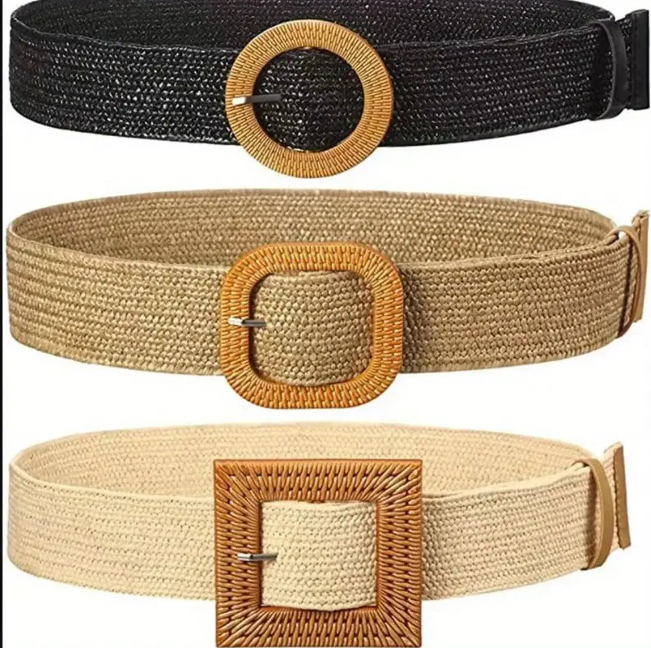 Boho Straw Wide Belts Classic Solid Color Imitation Wooden Buckle Belt Elastic Waistband Elegant Dress