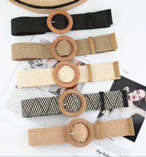 Boho Straw Wide Belts Classic Solid Color Imitation Wooden Buckle Belt Elastic Waistband Elegant Dress