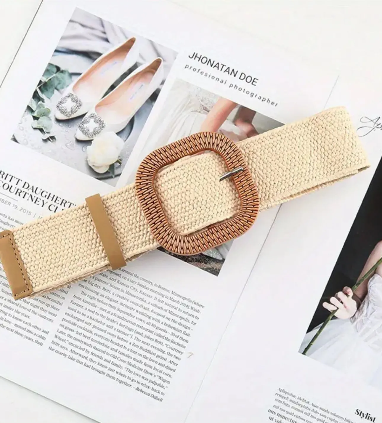 Boho Straw Wide Belts Classic Solid Color Imitation Wooden Buckle Belt Elastic Waistband Elegant Dress