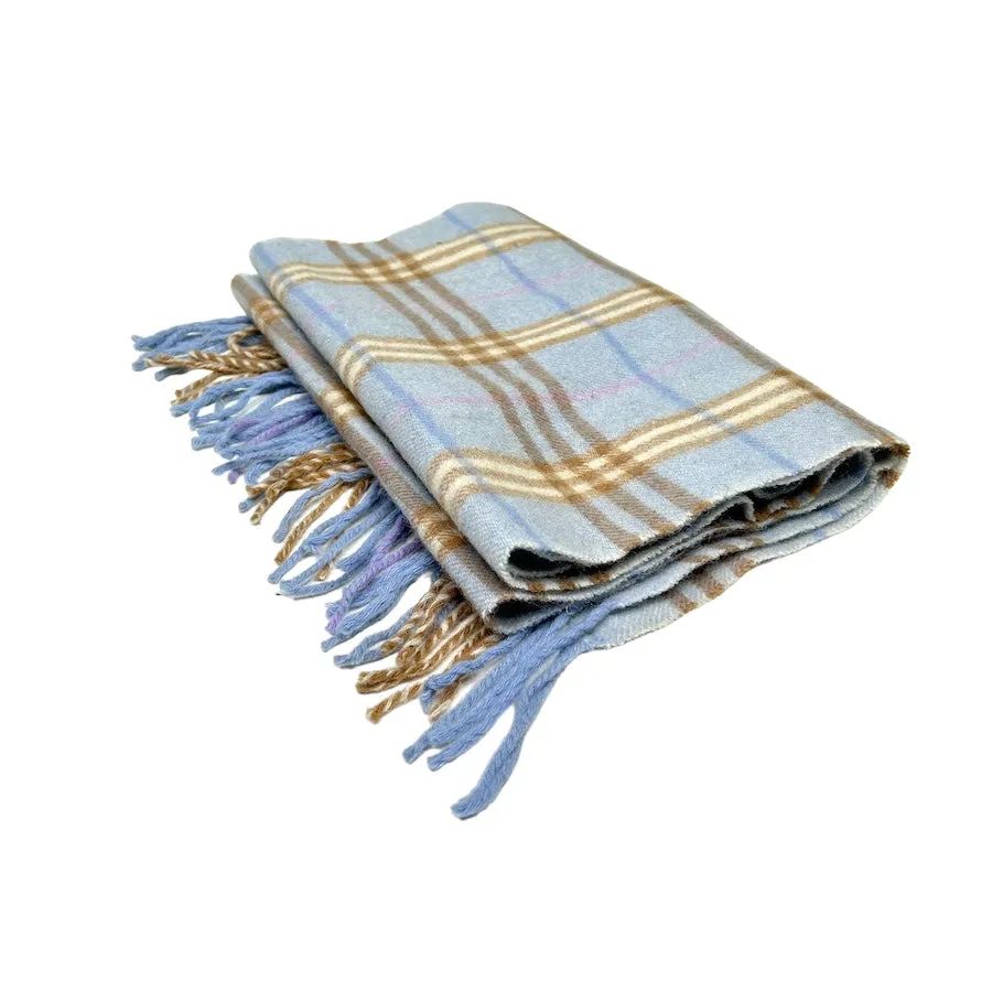 BURBERRY PASTEL BLUE/BROWN LAMBSWOOL CHECKERED SCARF