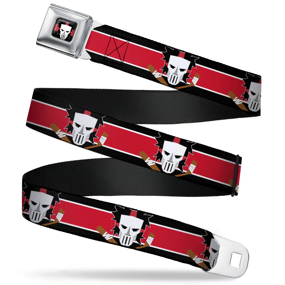 Casey Jones Head/Stripe Full Color Black/Red/White Seatbelt Belt - Casey Jones Baseball & Hockey Stick CLOSE-UP Stripe Black/White/Red Webbing