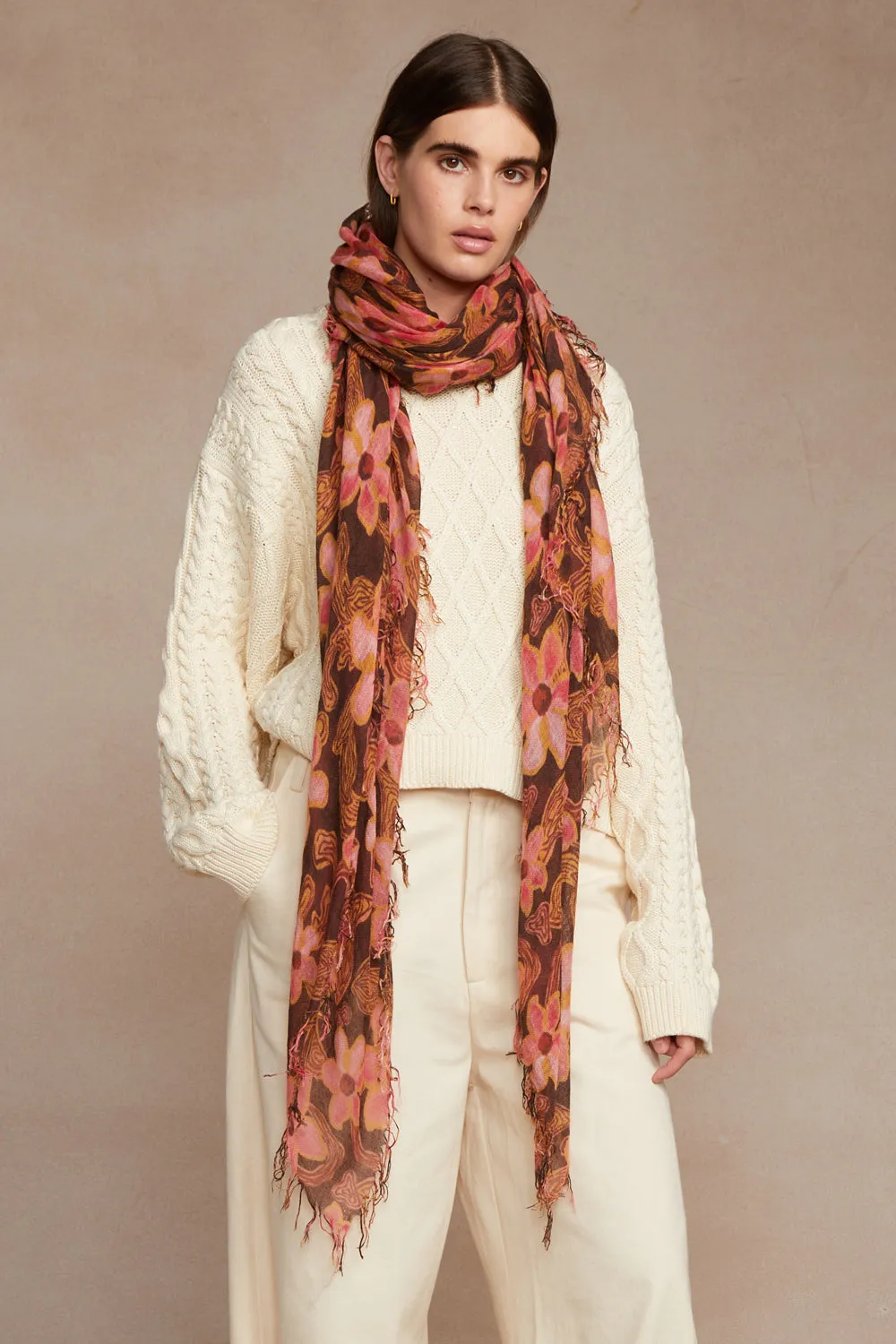 Chan Luu Silk & Cashmere Floral Scarf- fired brick