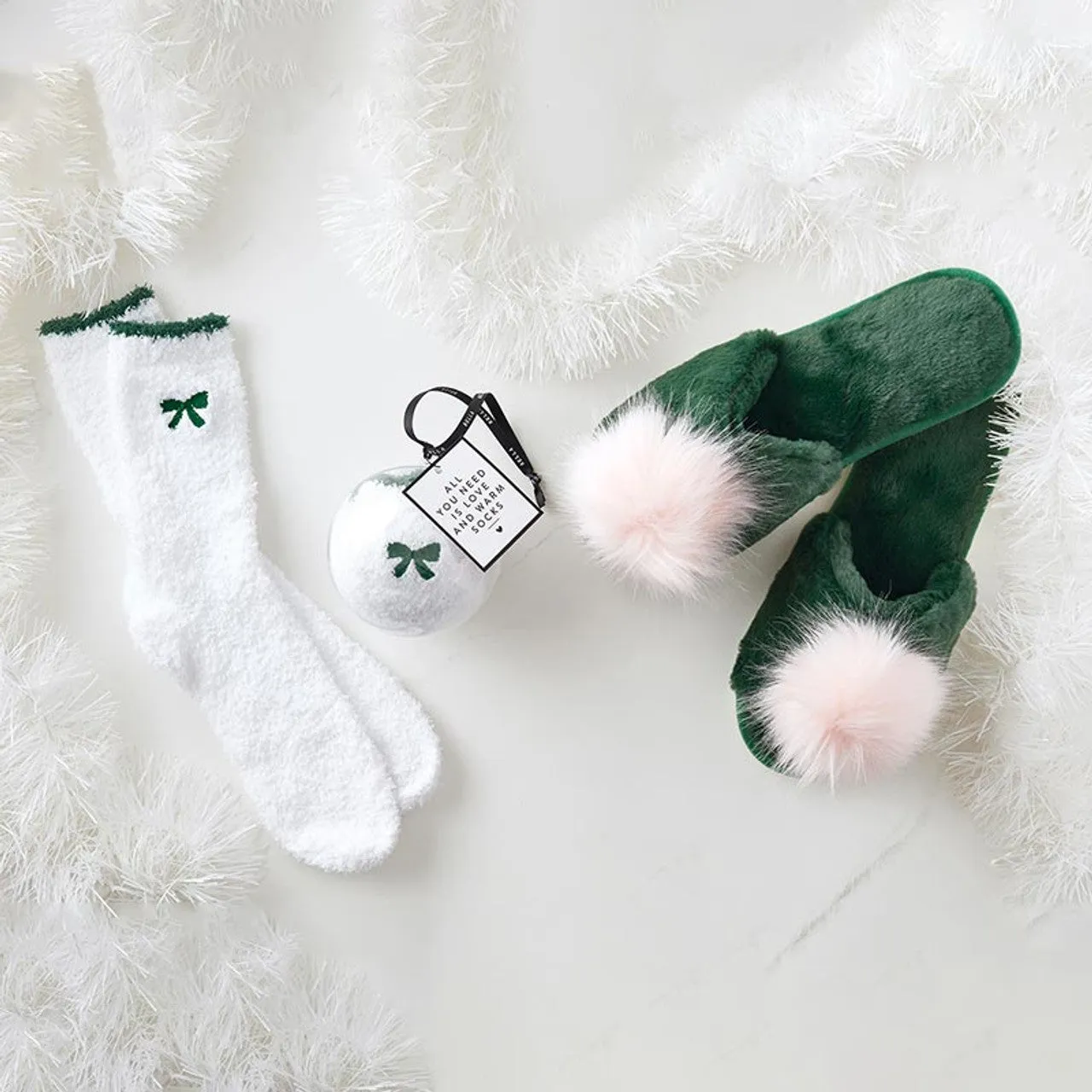 Cozy Sock Ornament - Ivory/Black Bow