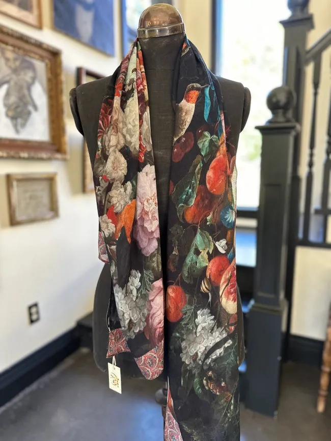 Flight of Fancy Floral Bamboo Scarf with Hummingbirds