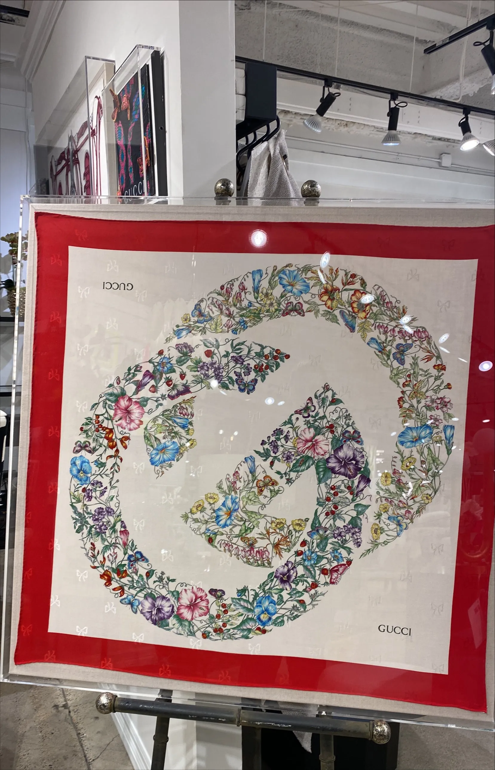 Framed Gucci Floral Red Border Scarf in a 36x36x2 Shadowbox