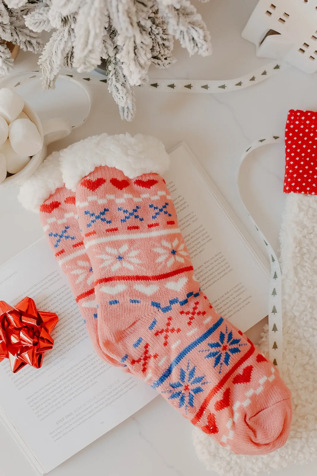 Fuzzy Pink Snow Print Socks - FINAL SALE