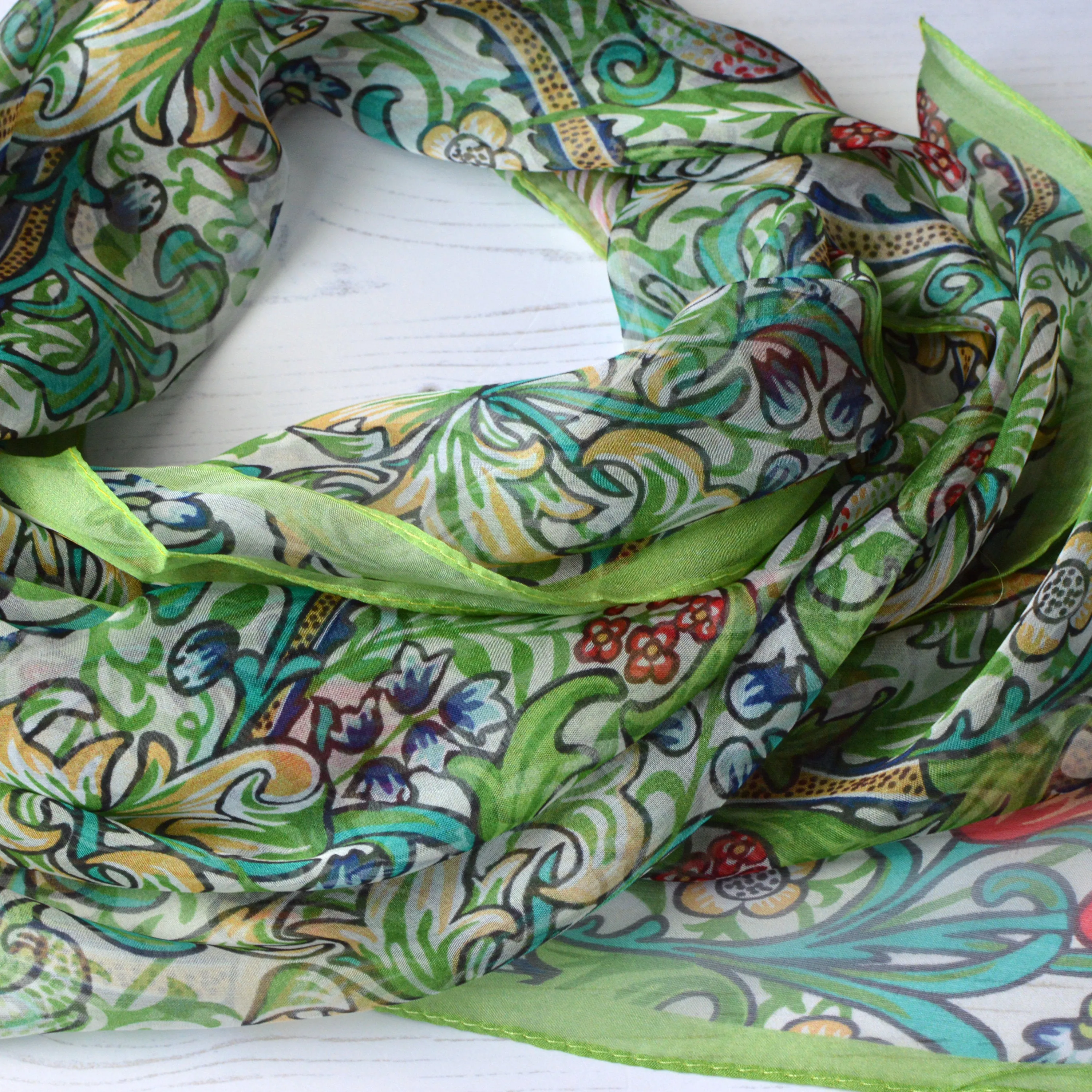 Green Silk Chiffon Scarf | Aria Golden Lily Collection