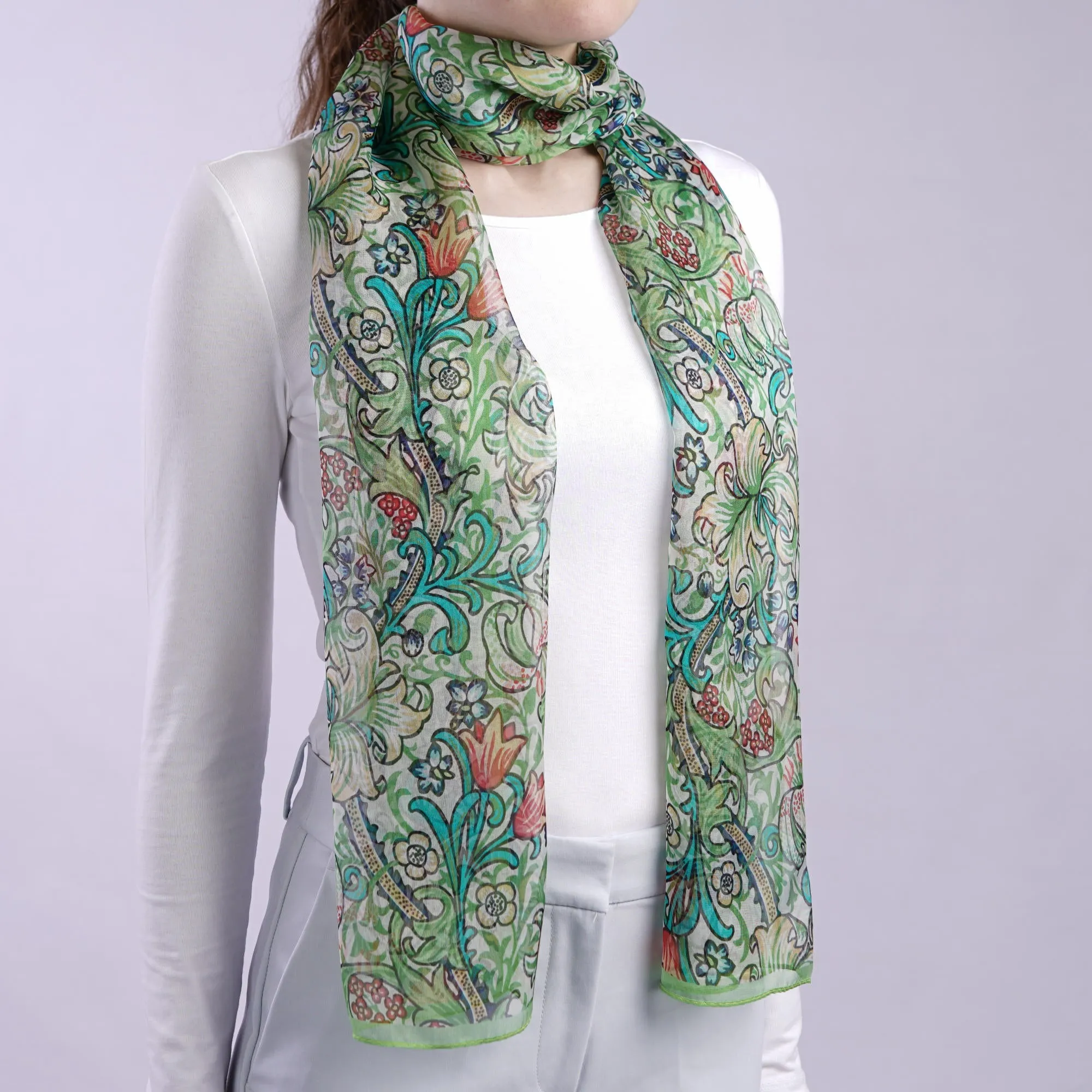 Green Silk Chiffon Scarf | Aria Golden Lily Collection