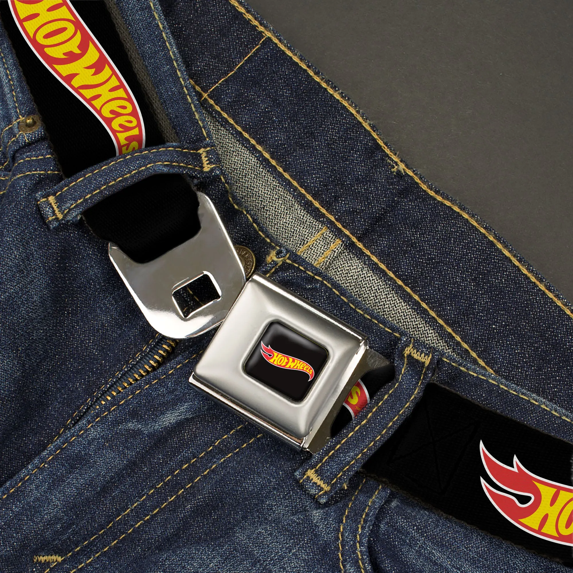 HOT WHEELS Classic Flame Logo Full Color Black/Red/Yellow Seatbelt Belt - HOT WHEELS Classic Flame Logo Black/Red/Yellow Webbing