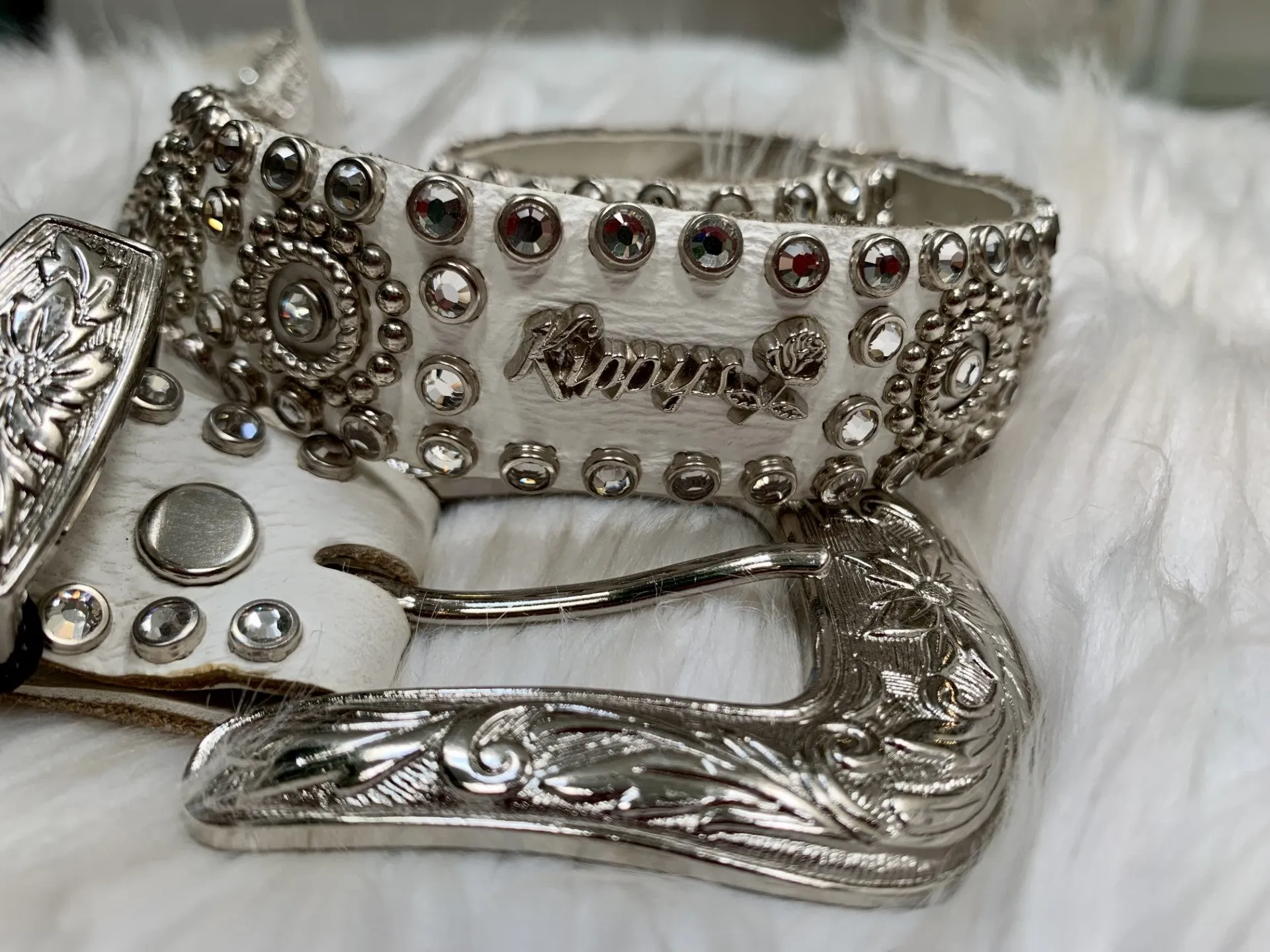 Kippy's White Leather Belt and Swarovski Crystals (PREOWNED)