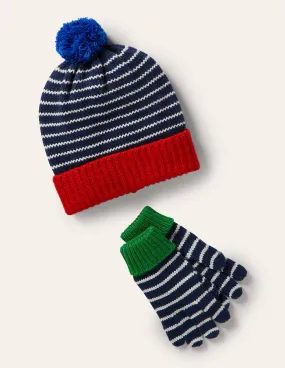 Knitted Striped Hat and Gloves-College Navy/Ivory