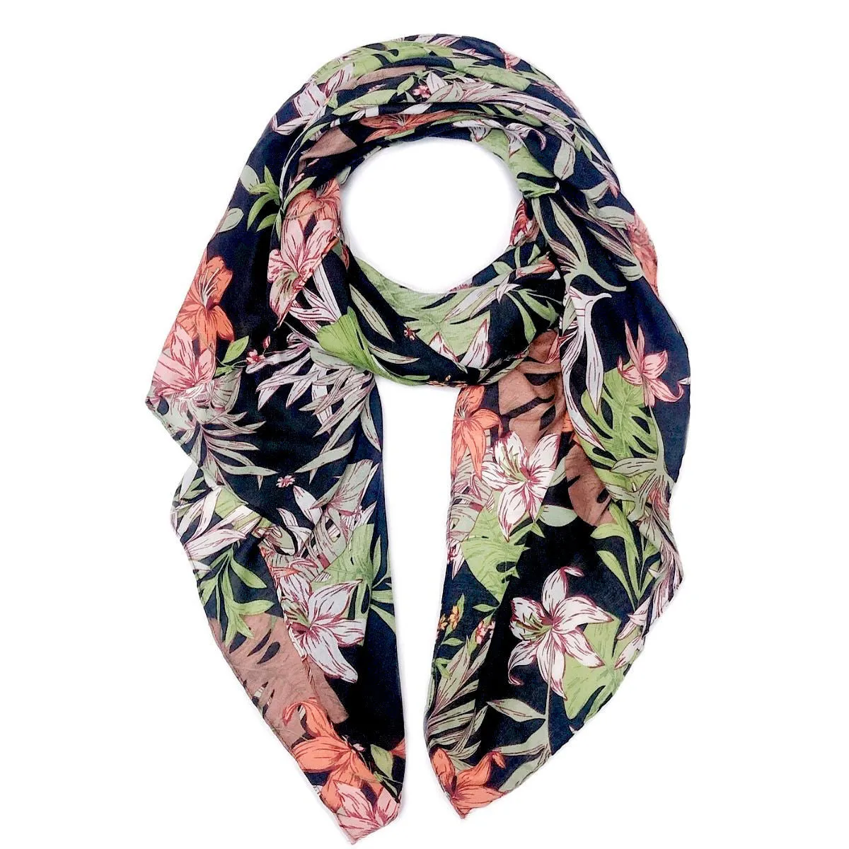 Long Black Palm Leaf Print Scarf |74" x 35"