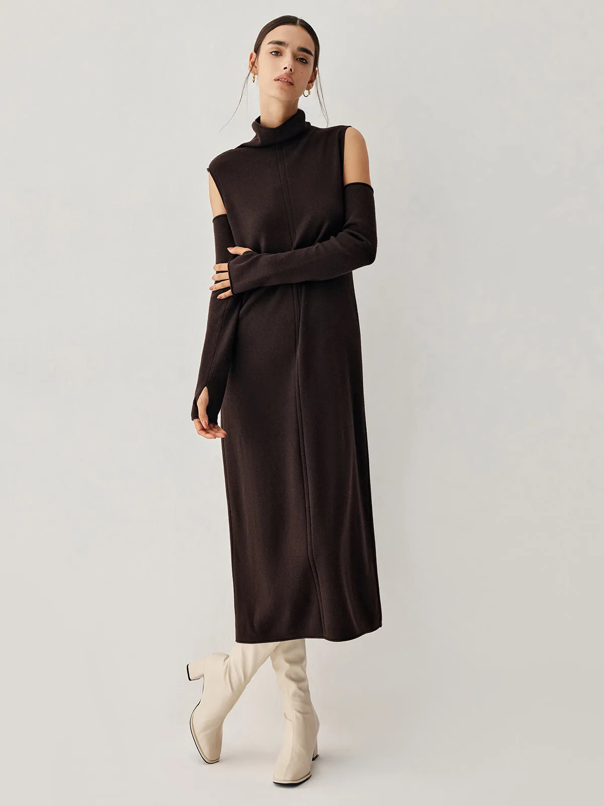 Mock Neck Long Trendy Sweater Dress With Gloves