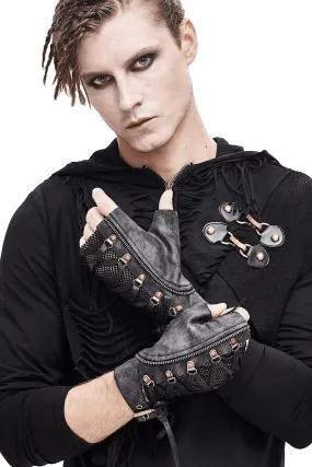 Punk Lace-up Mesh Faux Leather Half Gloves / Men's Gloves with Buckle and Decorative Zip