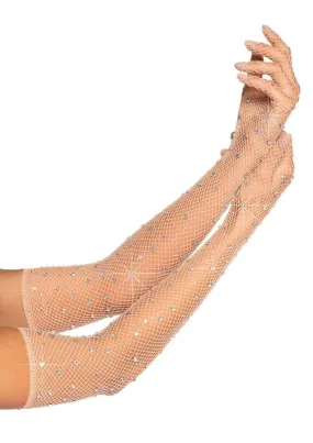 Rhinestone Fishnet Opera Length Gloves Nude