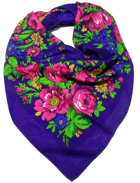 Traditional Polish Folk Head Scarf - Classy Floral Collection - Blue